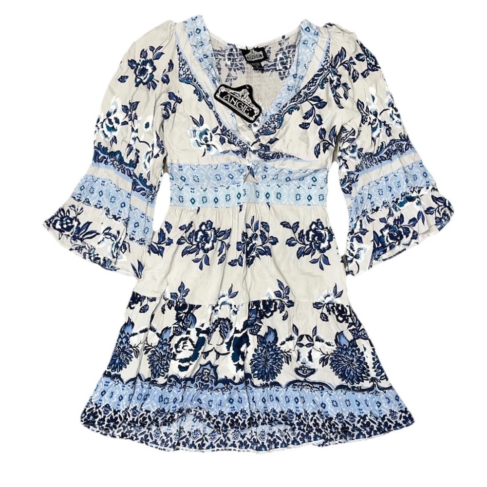 Angie White Blue Floral V Neck Dress Boho NWT Ladies Small 3/5 Sleeve Ruffle